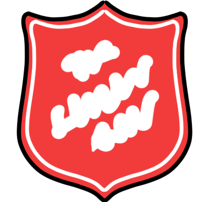 a flaired red shield shape, with three scribbled white lines diagonally across it. there is a thin white flaired shield shape near the edges of the shield.